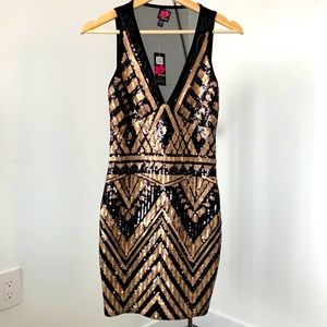 Bebe short shear sequin dress, black and copper XS